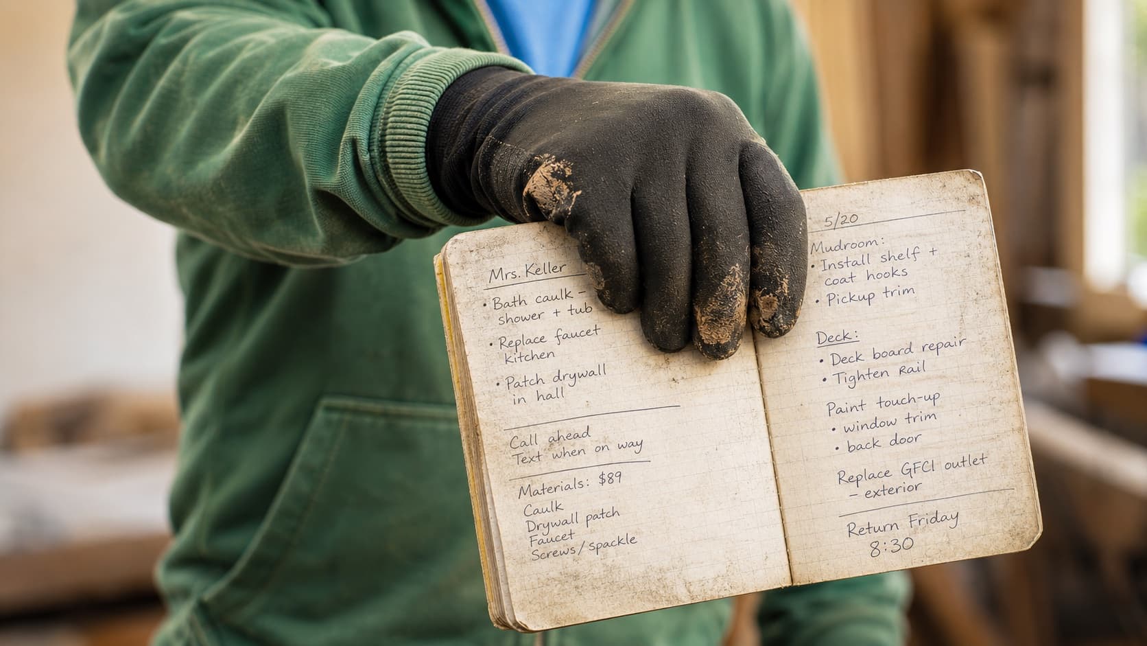 Handwritten home repair notes beside a computer keyboard and phone
